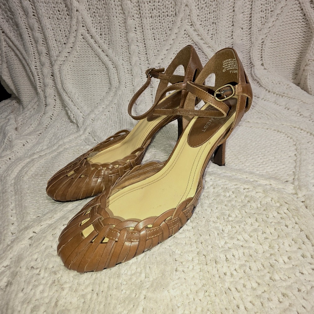 VTG Nine West Woven D'Orsay Leather Cut Out Heel Heels Tan Womens 7.5 Excellent